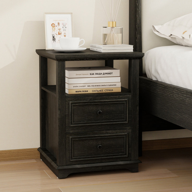 18 Inch Wide Nightstand With Charging Station, Side Table With Open Shelf, 2 Drawers Wood Dresser, End Table For Bedroom & Living Room