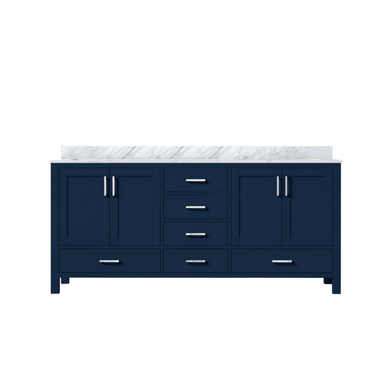 Jacques 72 in. W x 22 in. D Double Bath Vanity and Top, Navy Blue, White Carrara Marble