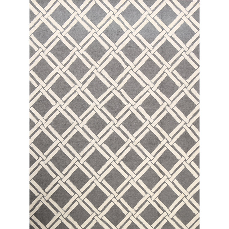 Tapis gris en laine touffeté à la main à motif géométrique