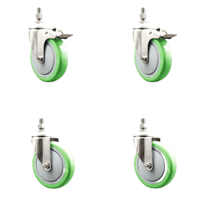 Ensemble de roulettes à tige filetée 5 pouces en polyuréthane vert 3/8 pouces à 2 verrous