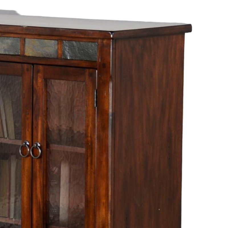 Marv Bookcase Cabinet, 4 Waterfall Glass Doors Slate Inlay, Brown/Silver