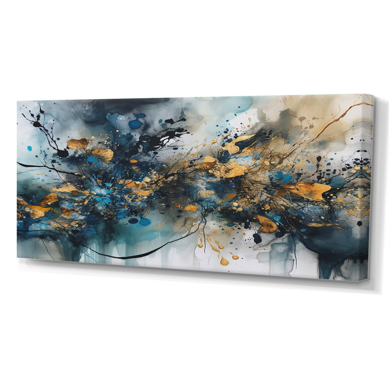 Encre liquide bleue et dorée captivante - art abstrait marbre, Toile tendue, H 28 po x l 60 po x P 1,5 po