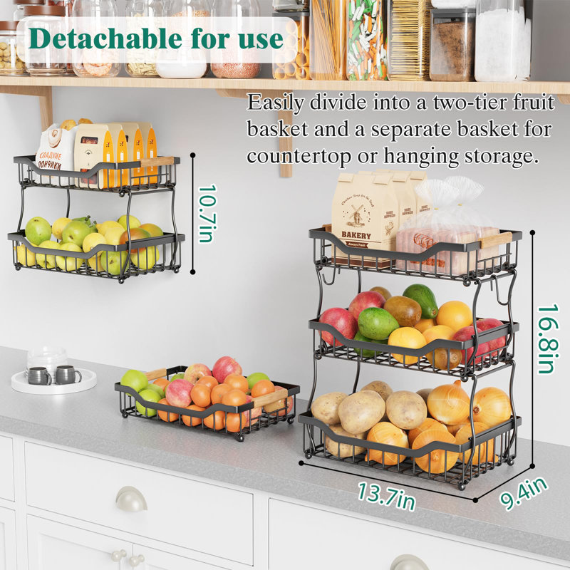 Panier à fruits à 3 niveaux pour la cuisine, support à bol à fruits avec 2 crochets à banane, panier de rangement mural en métal, noir