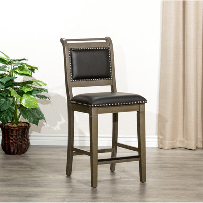 Tabouret de comptoir rustique de 24 po avec siège en cuir noir, aspect gris vieilli, style pour la cuisine, pieds, barre de cadre stable