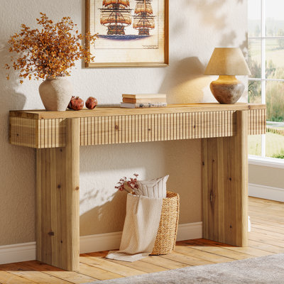 55 Inch Solid Wood Entryway Console Table With Grooves Detail