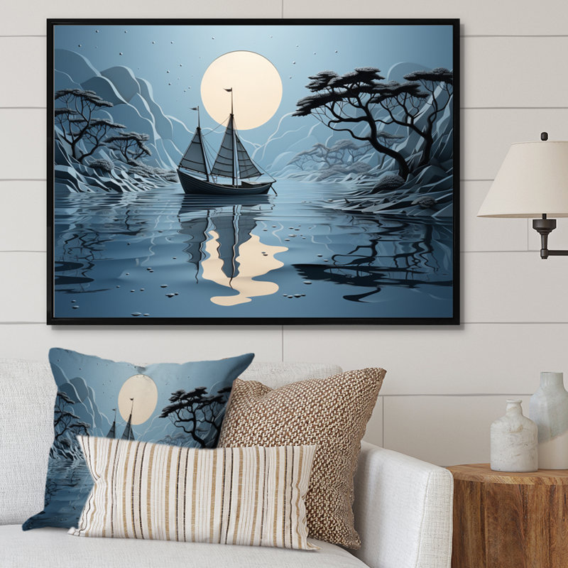 Collage de bateau bleu - impression, Cadre flottant noir, H 12 po x l 20 po x P 1 po