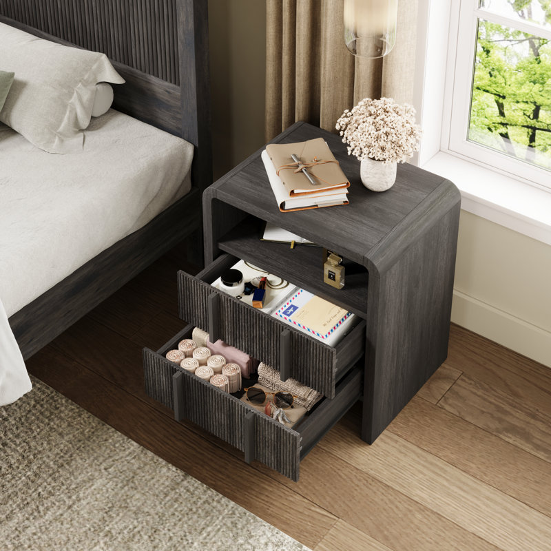 Table de chevet moderne en bois avec tiroir et tablette ouverte, Noir, Individuel