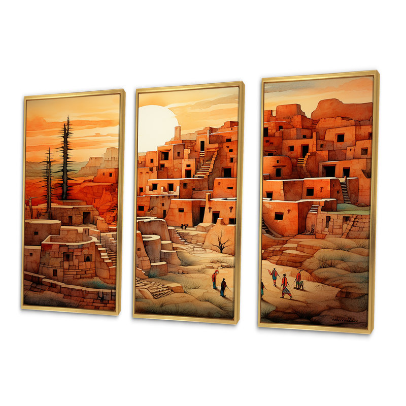 Paysage urbain amérindien - ensemble d'art mural amérindien, Cadre flottant doré, H 32 po x l 48 po x P 1 po
