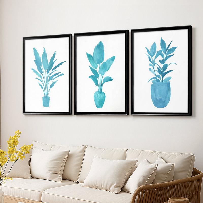 Watercolor House Plant I - Toile tendue avec châssis sur mesure - 3 pièces, Noir, H 21 po x l 30 po