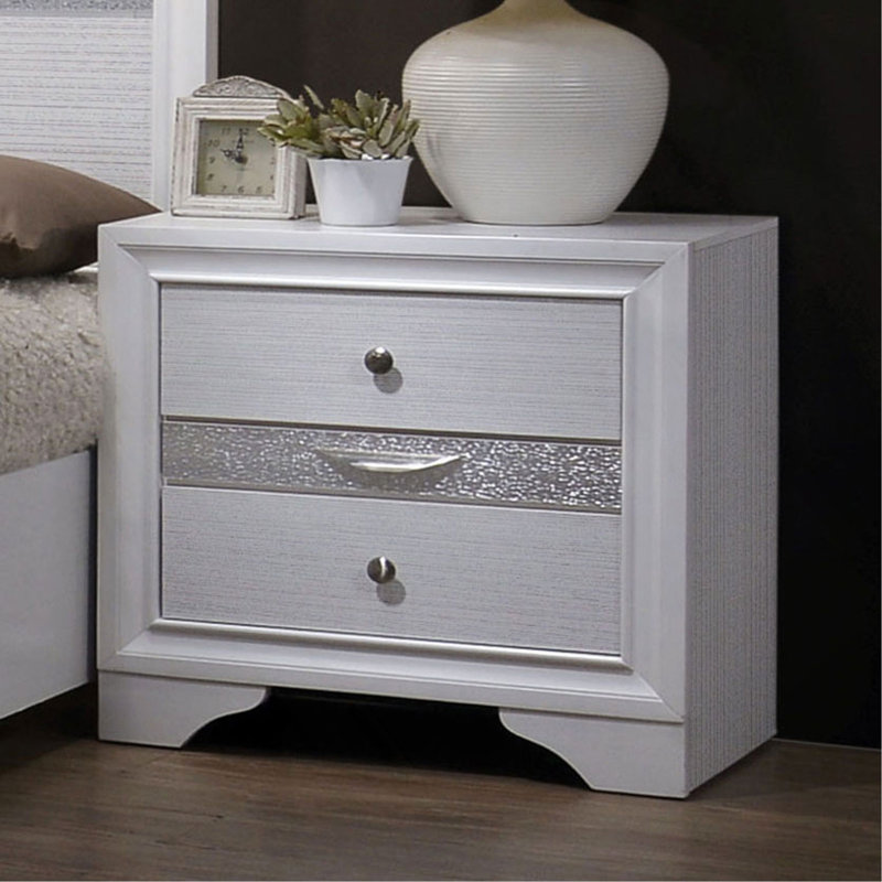 Table de chevet 3 tiroirs en bois avec boutons ronds en nickel, blanc, Blanc