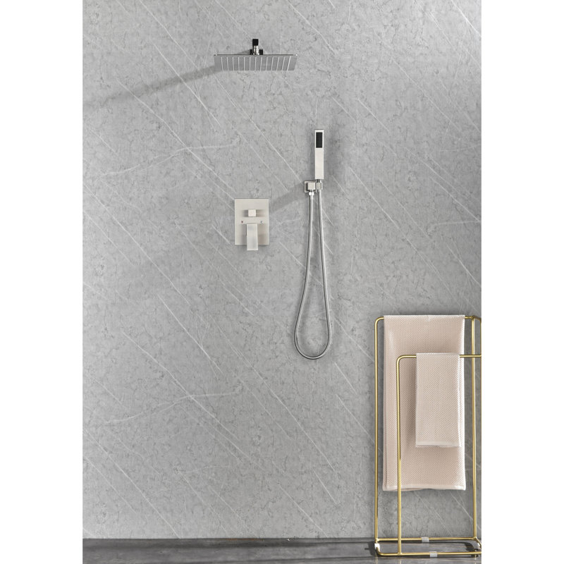Brushed Nickel Shower Assembly With Head, Hand Shower, Hose, Valve Trim, Lever Handles And Niche. . Yields Natural Rainfall Showering Sensation. Self-Cleaning Nozzle. Aligns American Standard Pipe