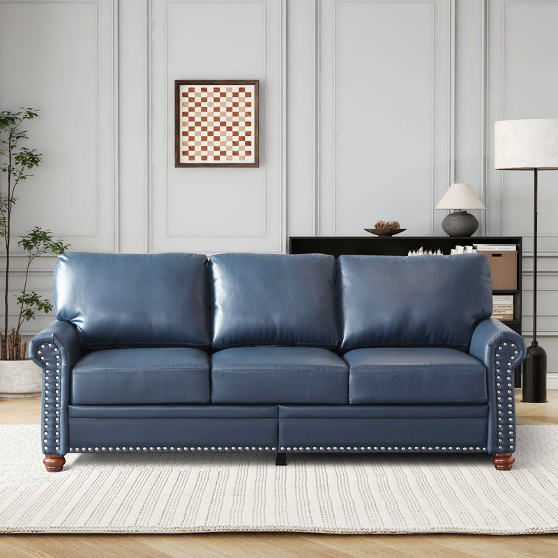 Classic Living Room Nails Sofa Faux Leather, Navy Blue, 34.5" H x 82.68" W x 31.89" D