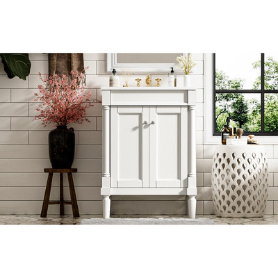 Meuble-lavabo moderne 24 po. Cadre en bois massif. Tableaux. Lavabo en céramique. Blanc. Grand rangement. Charnières. Poignée en métal exquise. Lavabo de rangement convenant à un robinet de 4 po. Espace généreux. Charnières