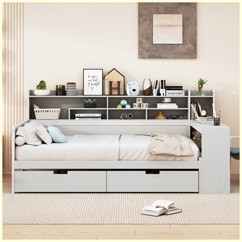 Lit plateforme avec rangement multifonctionnel, Plein,  Blanc antique