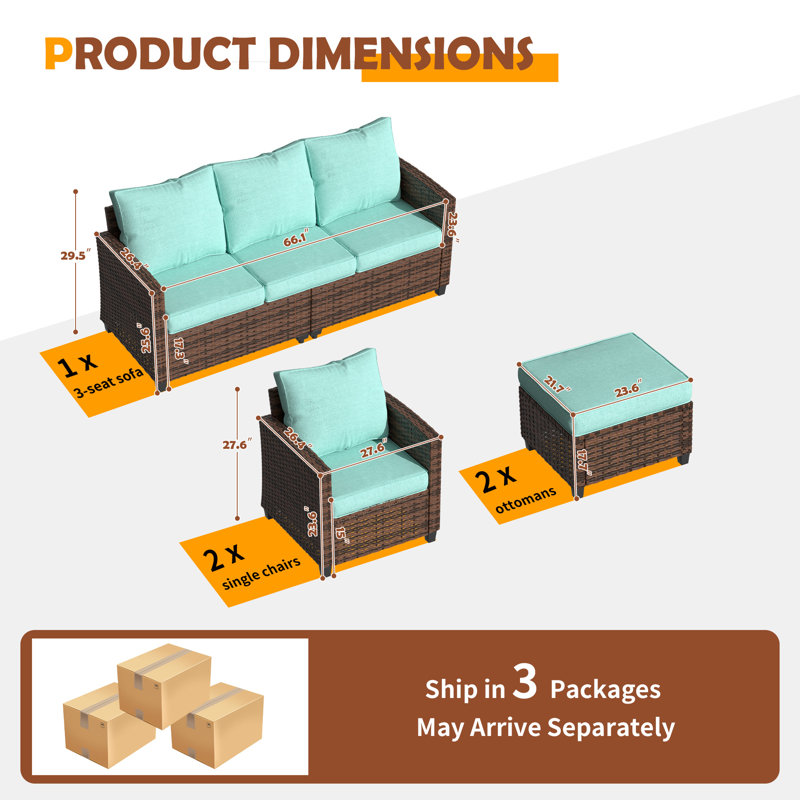 Mashawna Wicker 5 - Person Patio Conversation Set with Cushions, Brown Frame/Light Blue Cushion
