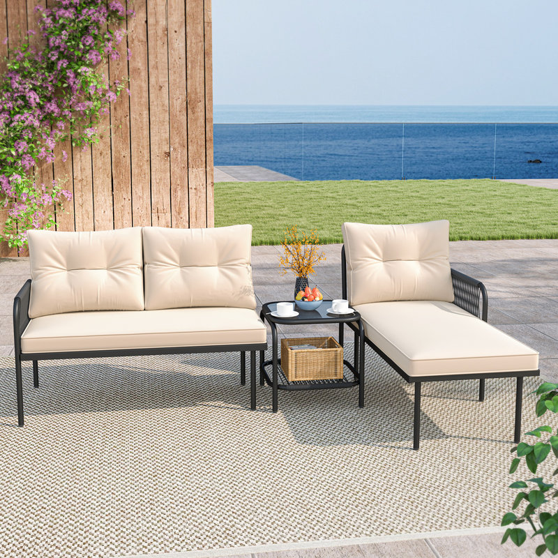 3-Piece L Shaped Patio Furniture Set w/Tempered Glass Table Back & Seat Cushions