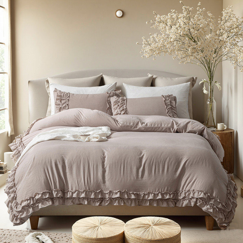 Taupe King Comforter Ruffled Bedding Set Taupe Ruffle Fringe Farmhouse Bedding Super Soft Fluffy Boho Comforter Set French Country Style
