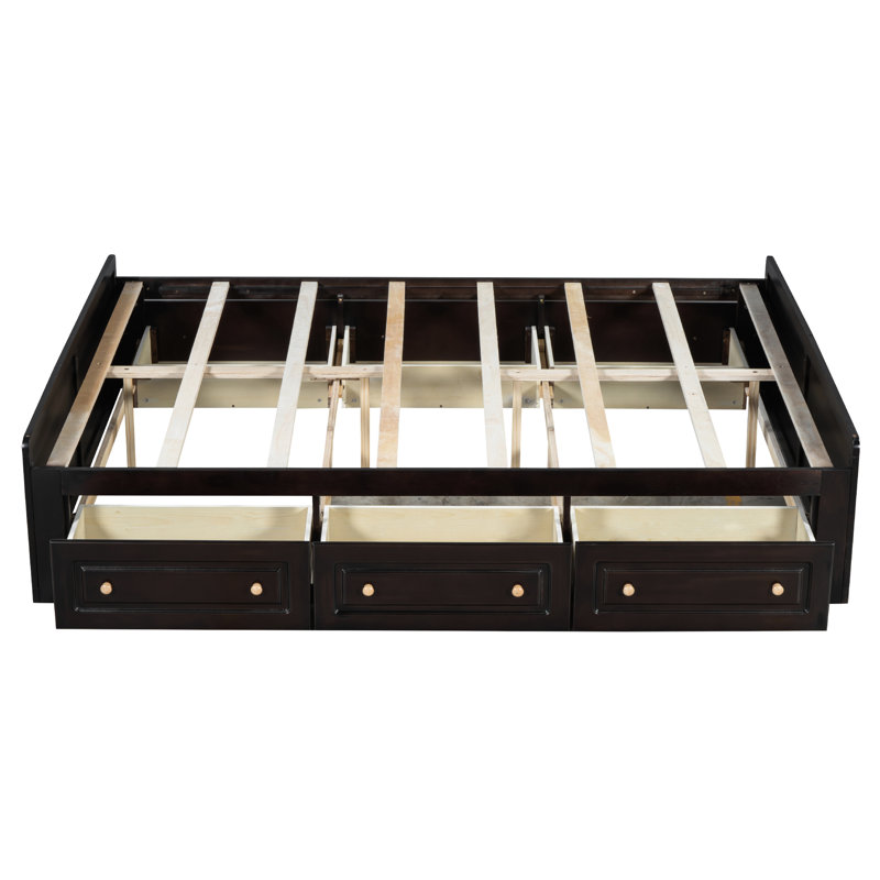 Grand lit avec 6 tiroirs au fini bois pour un cadre de sommeil confortable - rangement coloré, Espresso