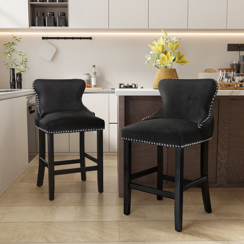 Modern Velvet Upholstered Bar Stools Counter Height Barstools Set of 2, Black