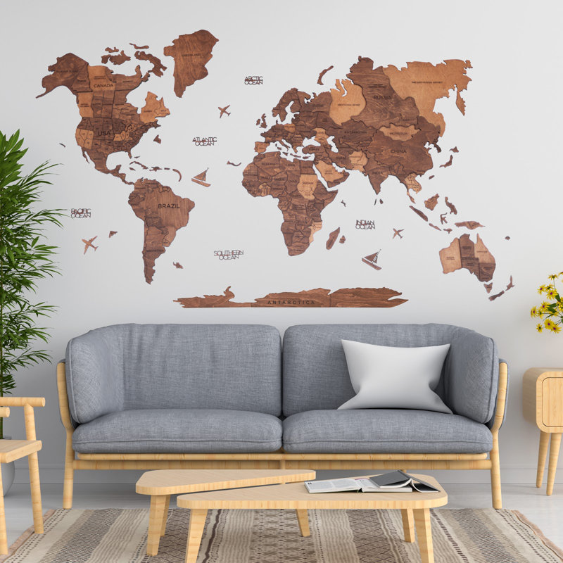 Carte du monde en bois 3D chêne