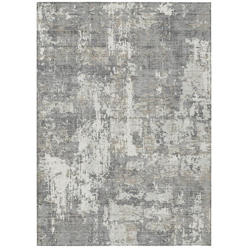 Tapis intérieur lavable abstrait gris et ivoire 5 pi x 8 pi
