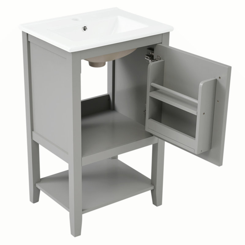 Meuble-lavabo de 20 po avec lavabo, armoire de salle de bain avec porte à fermeture douce, support de rangement et tablette ouverte, gris