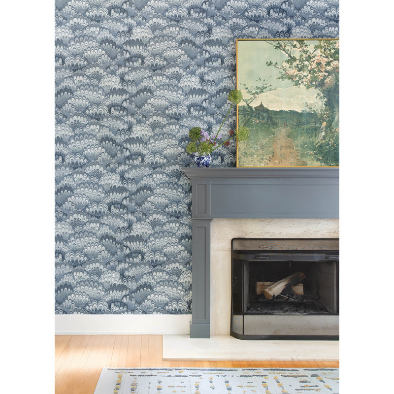 Octavia Dark Green Marbled Ink Wallpaper, Blue