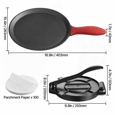 Tortilla Press, 8 Inch Cast Iron Tortilla and Roti Maker, Heavy Duty Tortilladora Press, Pataconera Makers with Handle and 100 Pcs Parchment Paper, Dough Taco Press for Flour Tortilla, Tawa