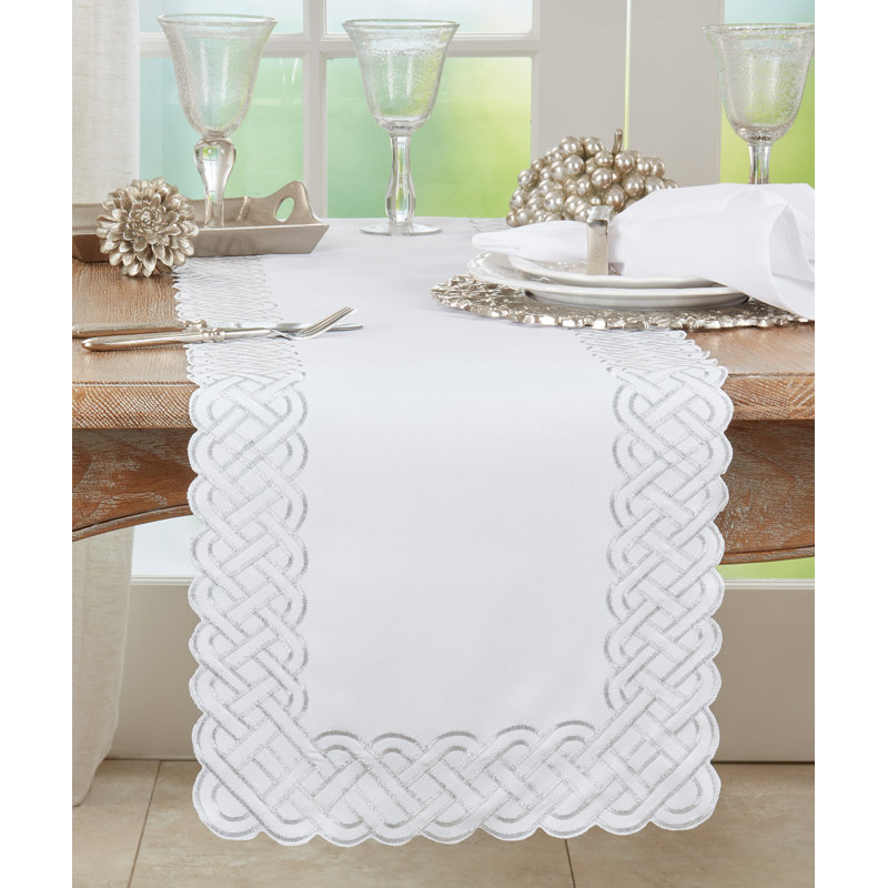 Table Runner With Braid Embroidery, 90" x 16", Silver