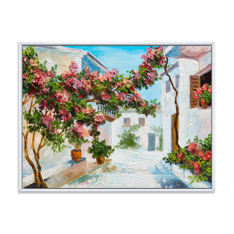 Maison blanche avec des fleurs en fleurs près de la mer - Peinture sur toile, H 16 po x l 32 po x p 1 po
