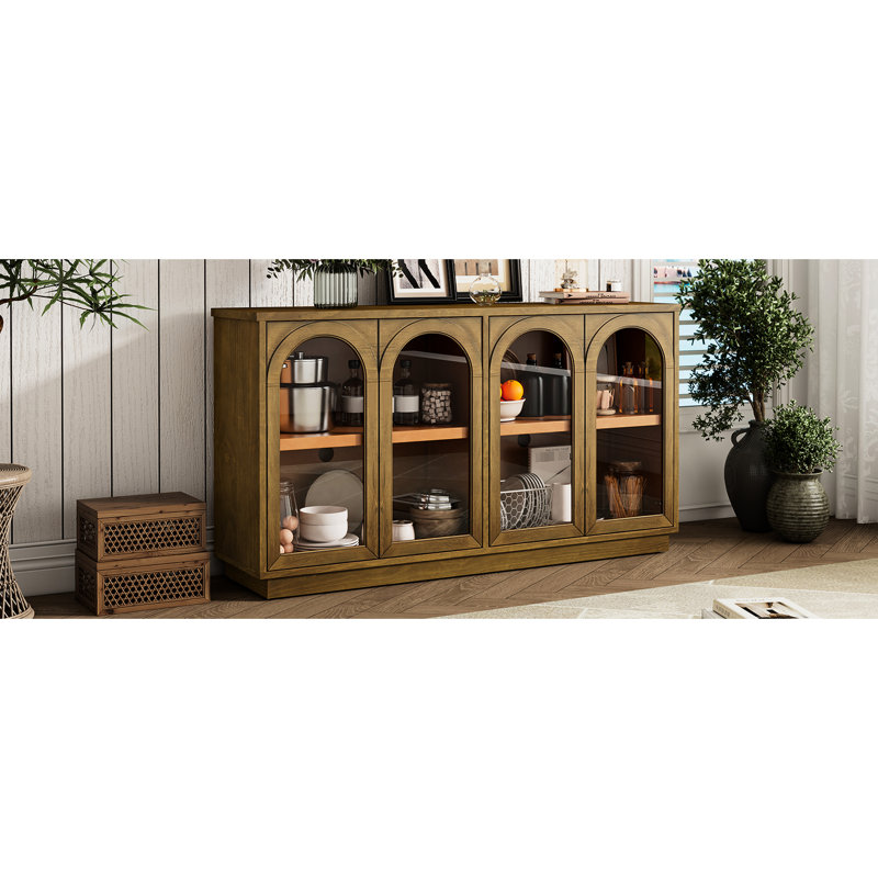 Buffet de rangement à 4 portes avec portes en verre Old Pine Conception arquée gracieuse. Vaste capacité. Tablettes réglables. Structure. Capacité de charge de 200 lb. Capacité de charge de 52 tablettes et stabilité de dessous de 250. Trou de câble