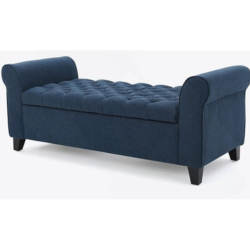  Claxton 50 Inch Contemporary Button Tufted Upholstered Storage Bench with Flip Top, Rolled Arms, Soft Close Hinges, Fabric