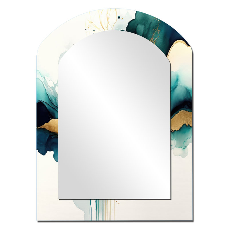 Teal And Gold Abstract Expression III - Liquid Ink Arch Unique Mirror, Turquoise Asymmetrical Large Wall Mirror, Printed Metal Art