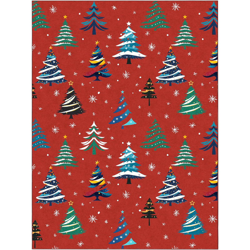 Runner Rug, Christmas Rugs with Xmas Tree Pattern for Holiday Decor, Non Slip Low Pile Washable Rug for Kitchen, Entryway, Living Room, Bedroom, Red