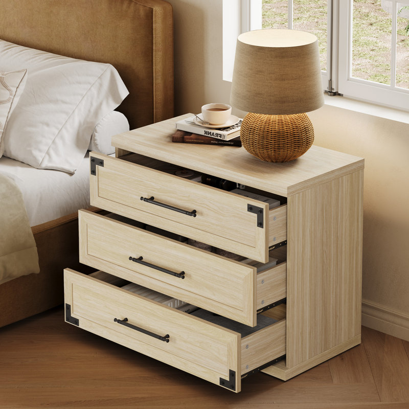 3-Drawer Industrial Wood Nightstand with Metal Handles, Sand Beige