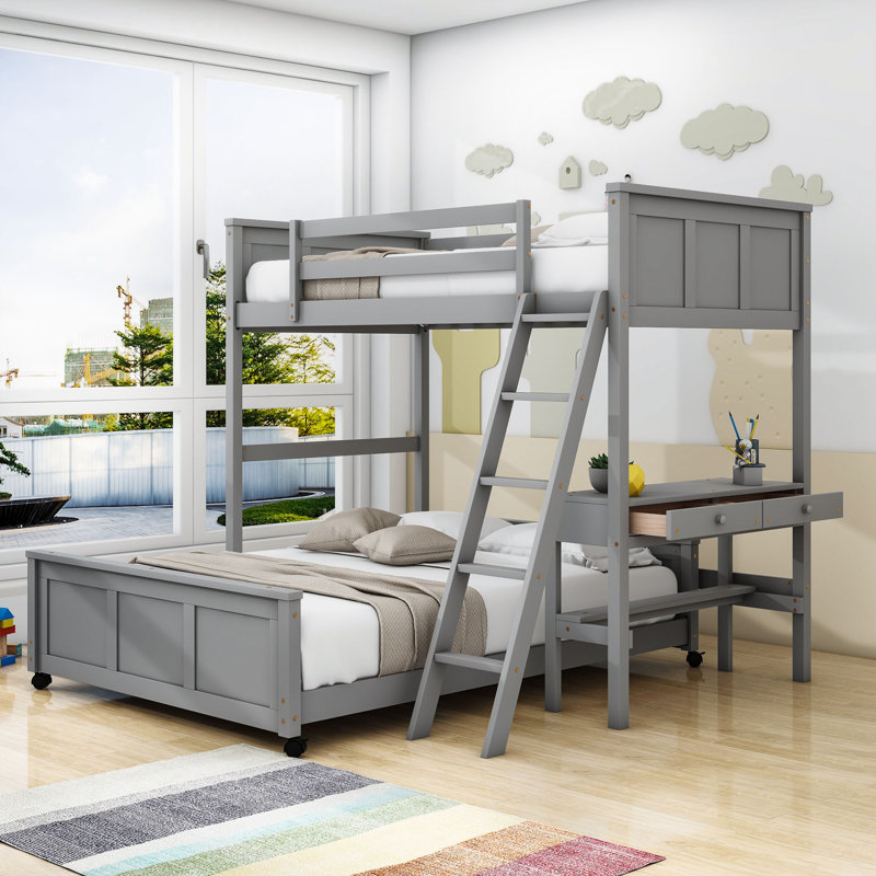 Lit superposé en bois Jathon avec bureau et deux tiroirs, Simple sur double, gris