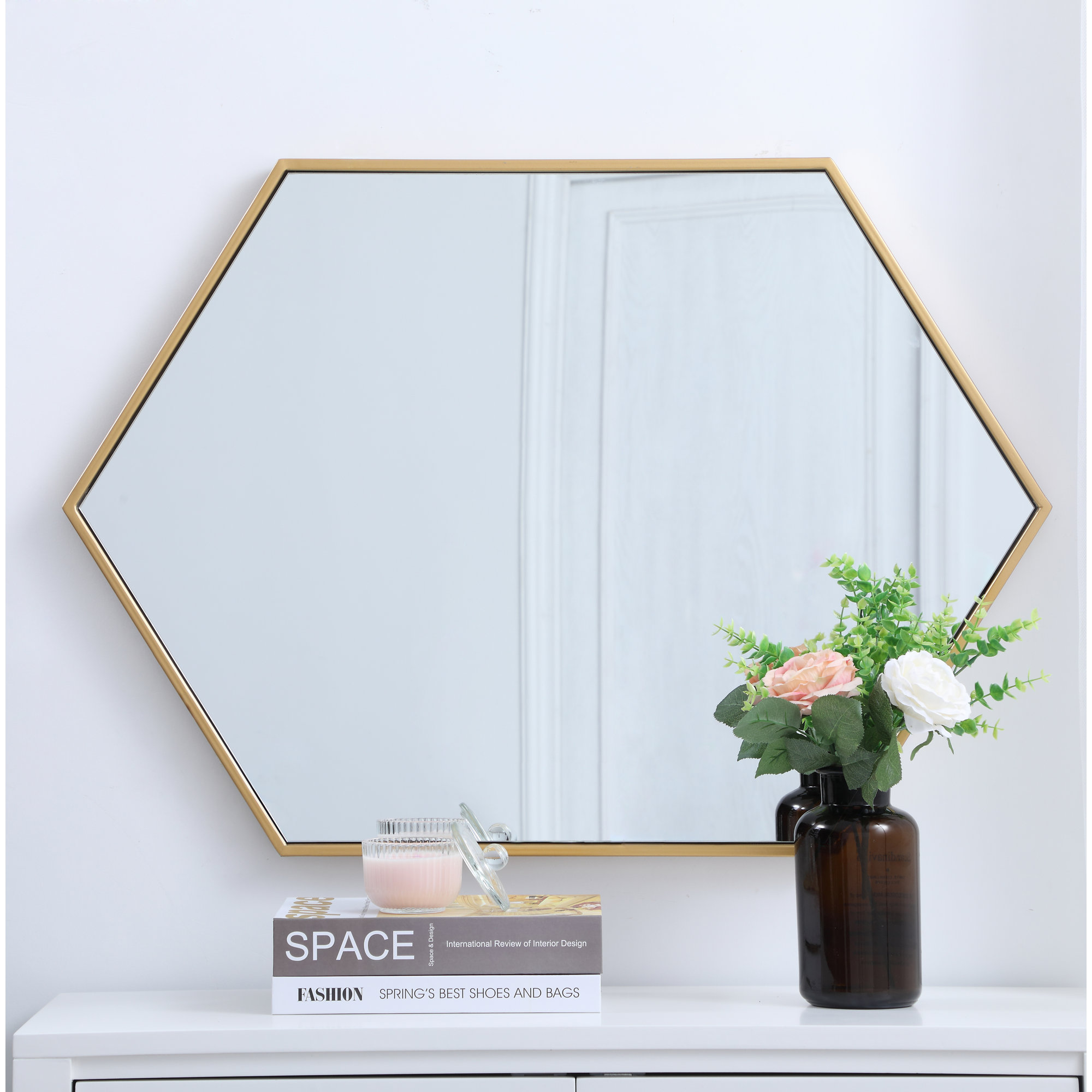 Sabine Metal Hexagon Wall Mirror, 35" H x 41" W, Brass
