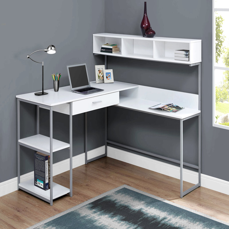 Bureau d'ordinateur, bureau personnel, coin, tiroirs de rangement, forme de L, bureau, ordinateur portable, stratifié blanc, métal gris, contemporain, moderne