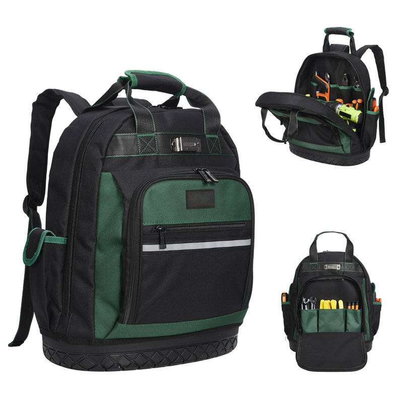 Sac à dos pour outils, sac à outils en tissu Oxford robuste avec base dure incurvée de 18 po, sac à dos pour électricien de grande capacité avec plusieurs compartiments, antichoc