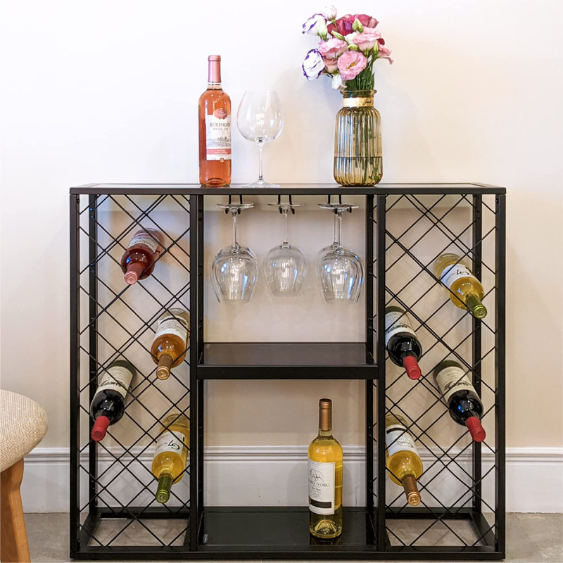 Adalaina 34 Bottle Floor Wine Bottle & Glass Rack in Black