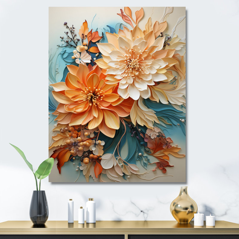 Orange et bleu sarcelle, tourbillon botanique I - art botanique abstrait, H 20 po x l 12 po, Toile tendue, Sans cadre