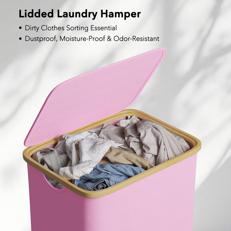 Panier à linge avec couvercle, grand panier à linge pliable de 110 L avec poignées en bambou pour la chambre à coucher, la salle de bain, le dortoir et la salle de lavage