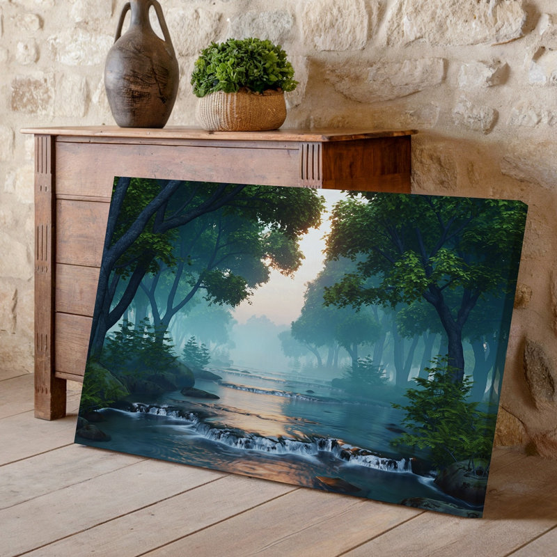 Reproduction d'art sur toile, "Une scène sereine de forêt avec une rivière qui coule doucement" par Lush Greenery With Tall Trees Casting Dappled Shadows