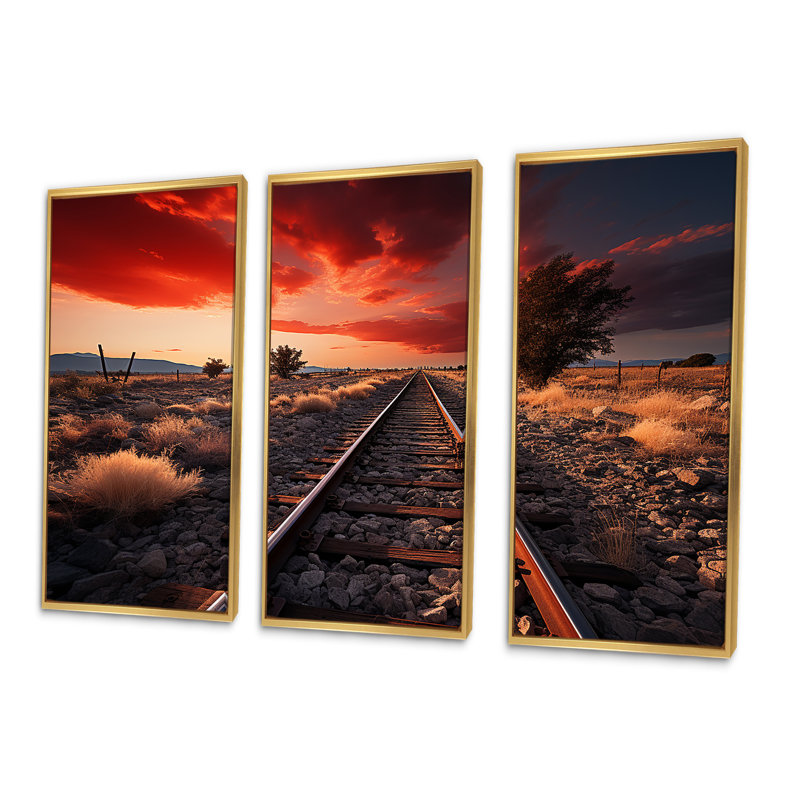 Train, train rouge, ensemble de reproductions d'art mural, Cadre flottant doré, H 40 po x l 60 po x P 1 po