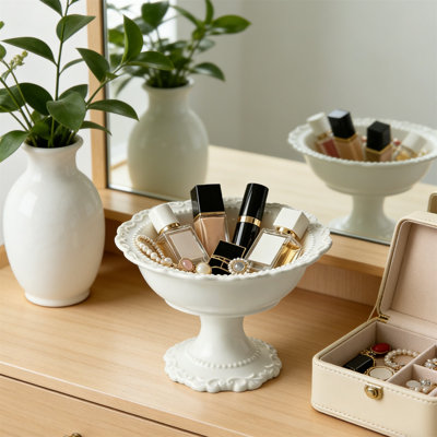 Lip Gloss Bowl Ceramic Jewelry Tray Ring Decorative Pedestal Trinket Bowl Footed Multipurpose Vanity Organizer Makeup Bowls Stand For Vanity Dress
