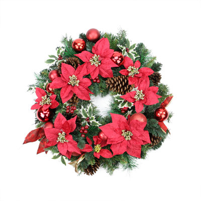 Poinsettia with Pinecone and Ball Artificial Christmas Wreath 24-Inch Unlit