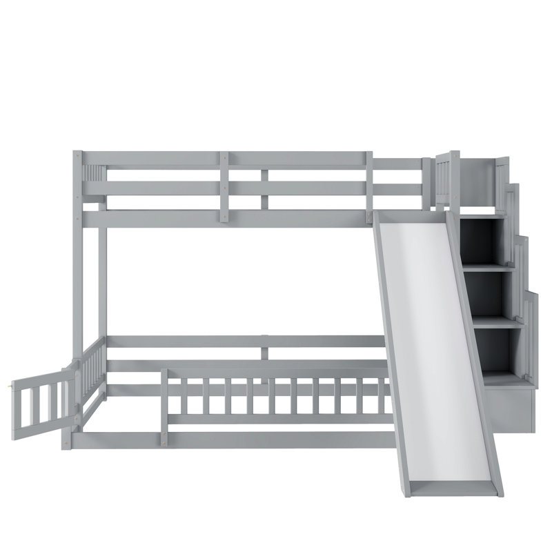 Twin Over Full Bunk Bed with Slide, Storage Staircase, Pine Solid Wooden Bunk Bed with Safety Guardrails, Gray