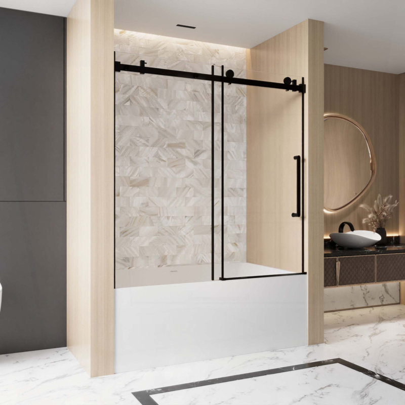 Frameless Single Sliding Shower Door, 1/4 "(6 Mm) Clear Tempered Glass, Explosion Proof Film, Stainless Steel Handle,Square Tube Track