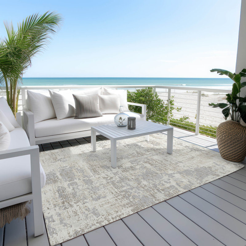 Ivory and Gray Abstract Washable Synthetic Rug