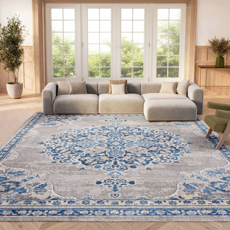 Tapis gris clair / bleu Barcus, Rectangle 8 pi x 10 pi